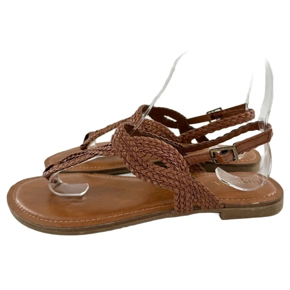 Merona sandals size 7 tan faux leather braided  T-strap vegan boho festival
